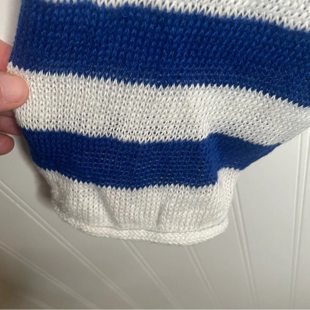 Madewell Linen V-Neck Sweater Beach Vacation Preppy in Sapphire Blue Stripe 2X